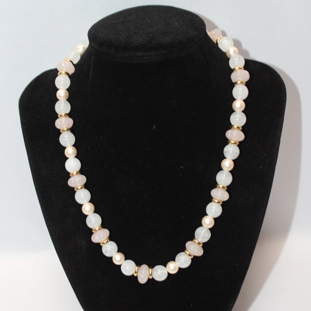 Rose and White Quartz Gemstone and Pearl Necklace
